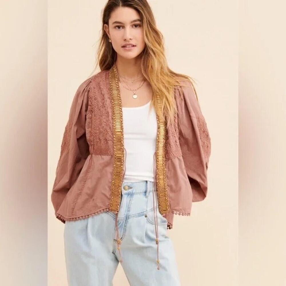 Free People JASMINE Jacket Cardigan Beaded Embroidery Tie Open Front Pink Mist M
